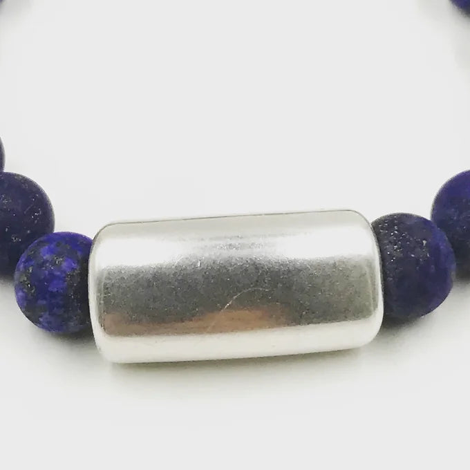 Men's Matte Lapis With Silver Bar Bracelet