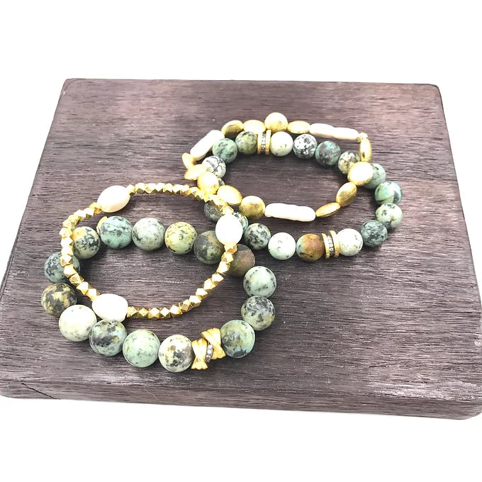 Matte African Turquoise / Pearl Bracelet Set