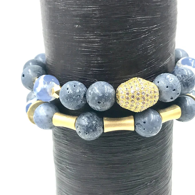 Blue Coral beaded bracelet(sustainably sources) with scrolled agate