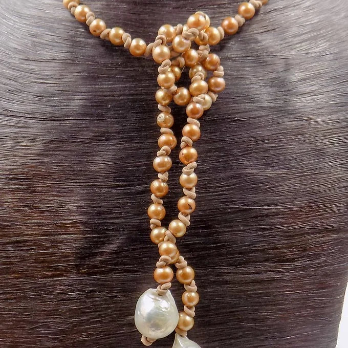 Freshwater and Barouque Pearls with Leather Lariat Necklace