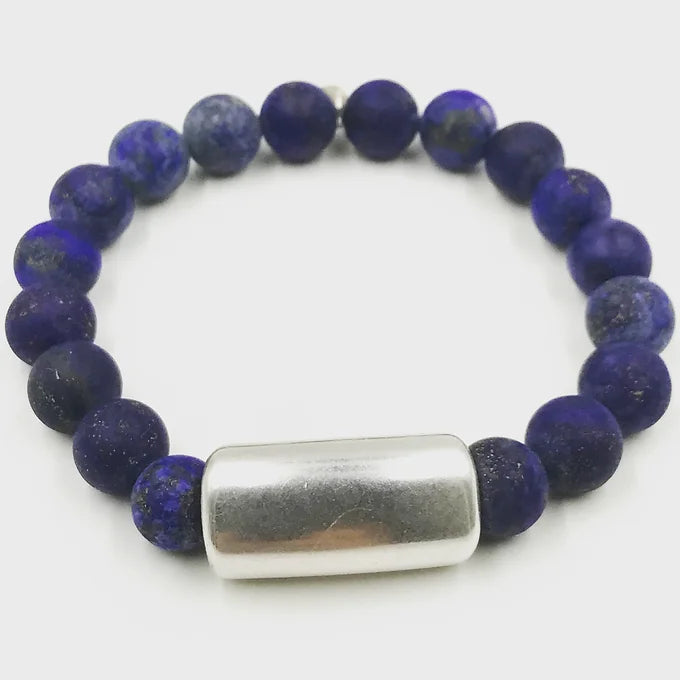 Men's Matte Lapis With Silver Bar Bracelet