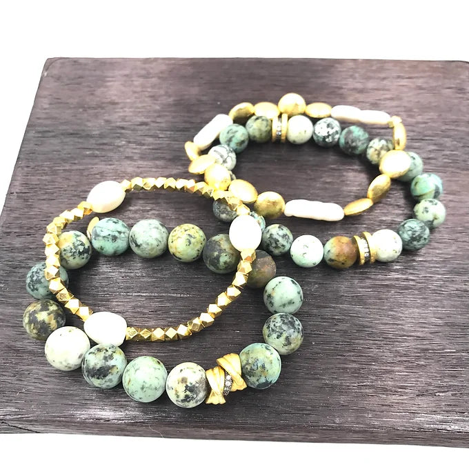 Matte African Turquoise / Pearl Bracelet Set
