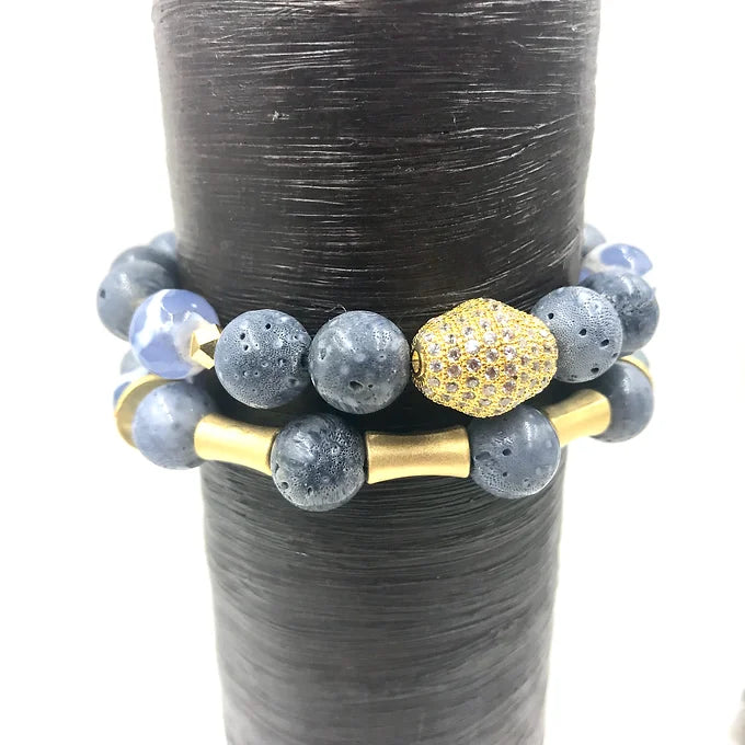 Blue Coral beaded bracelet(sustainably sources) with scrolled agate