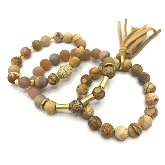 Matte Jasper and Matte Peach Moonstone Bracelet Set