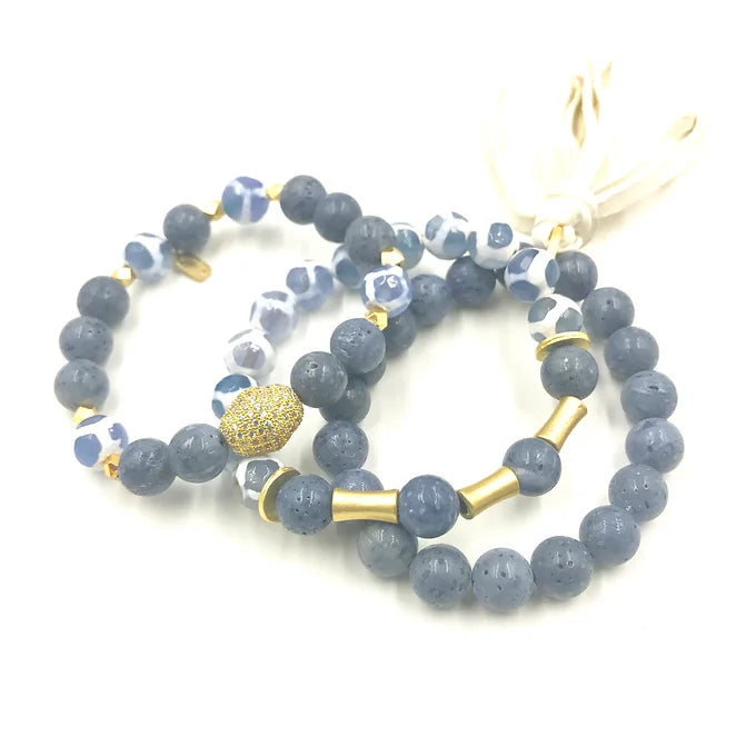 Blue Coral beaded bracelet(sustainably sources) with scrolled agate