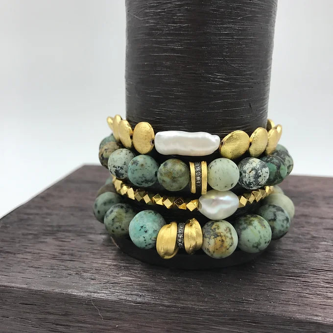 Matte African Turquoise / Pearl Bracelet Set