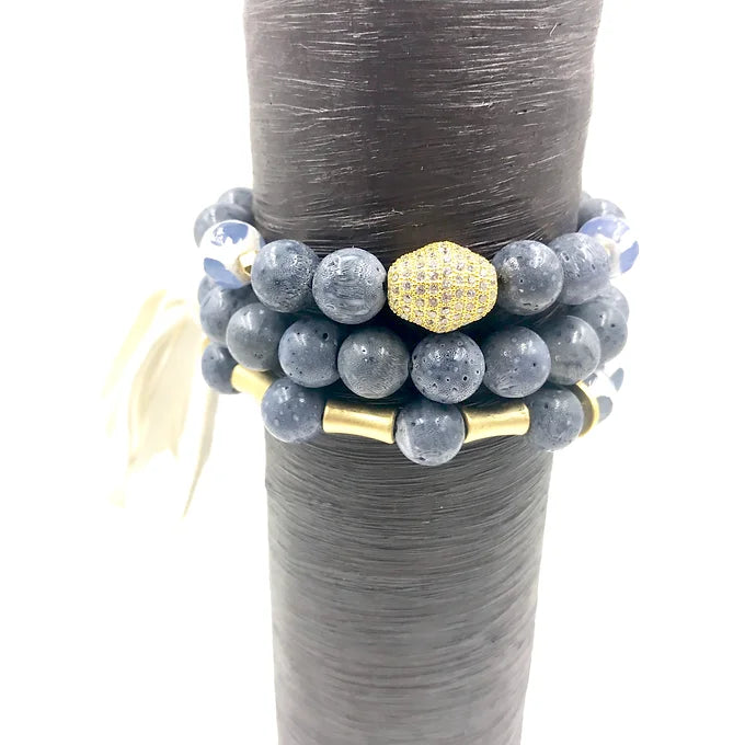 Blue Coral beaded bracelet(sustainably sources) with scrolled agate