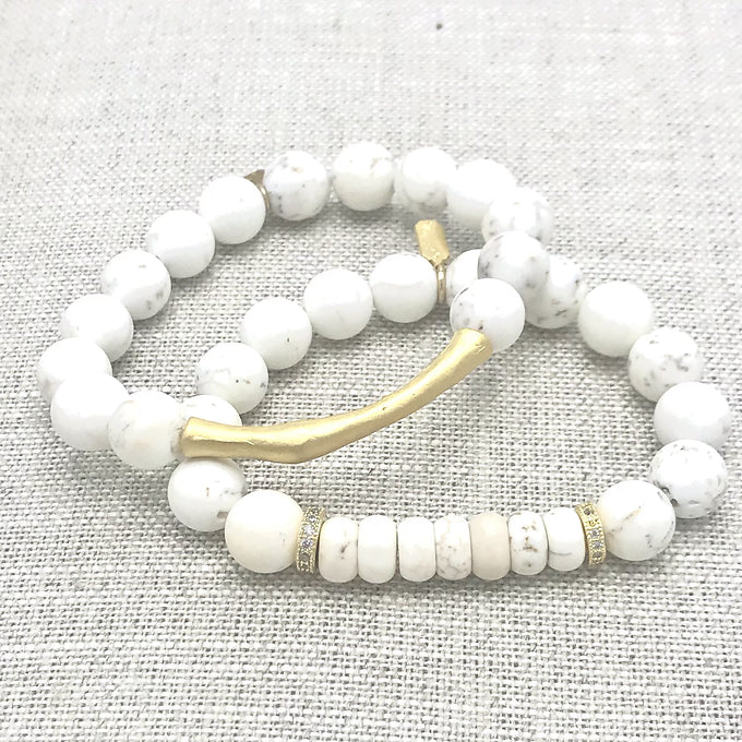 Gold GG Bar / rondelle matte natural howlite bracelet set