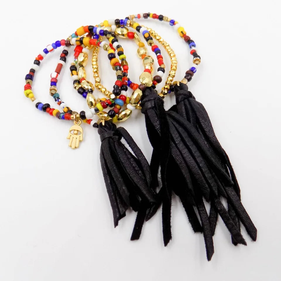 Six Bracelet Stack with Black Deerskin Leather Tassel