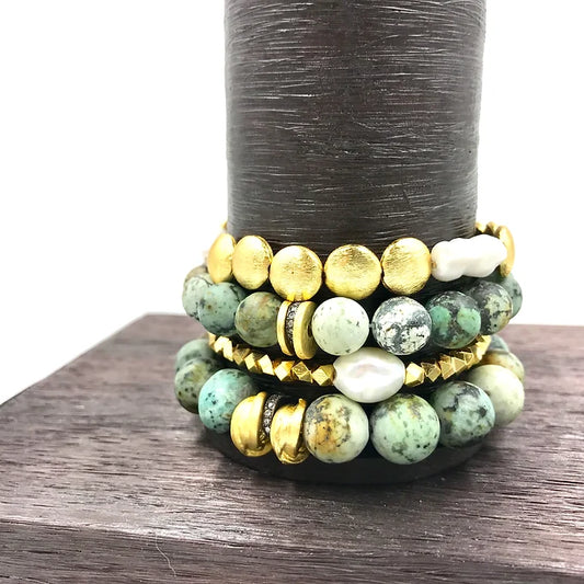 Matte African Turquoise / Pearl Bracelet Set
