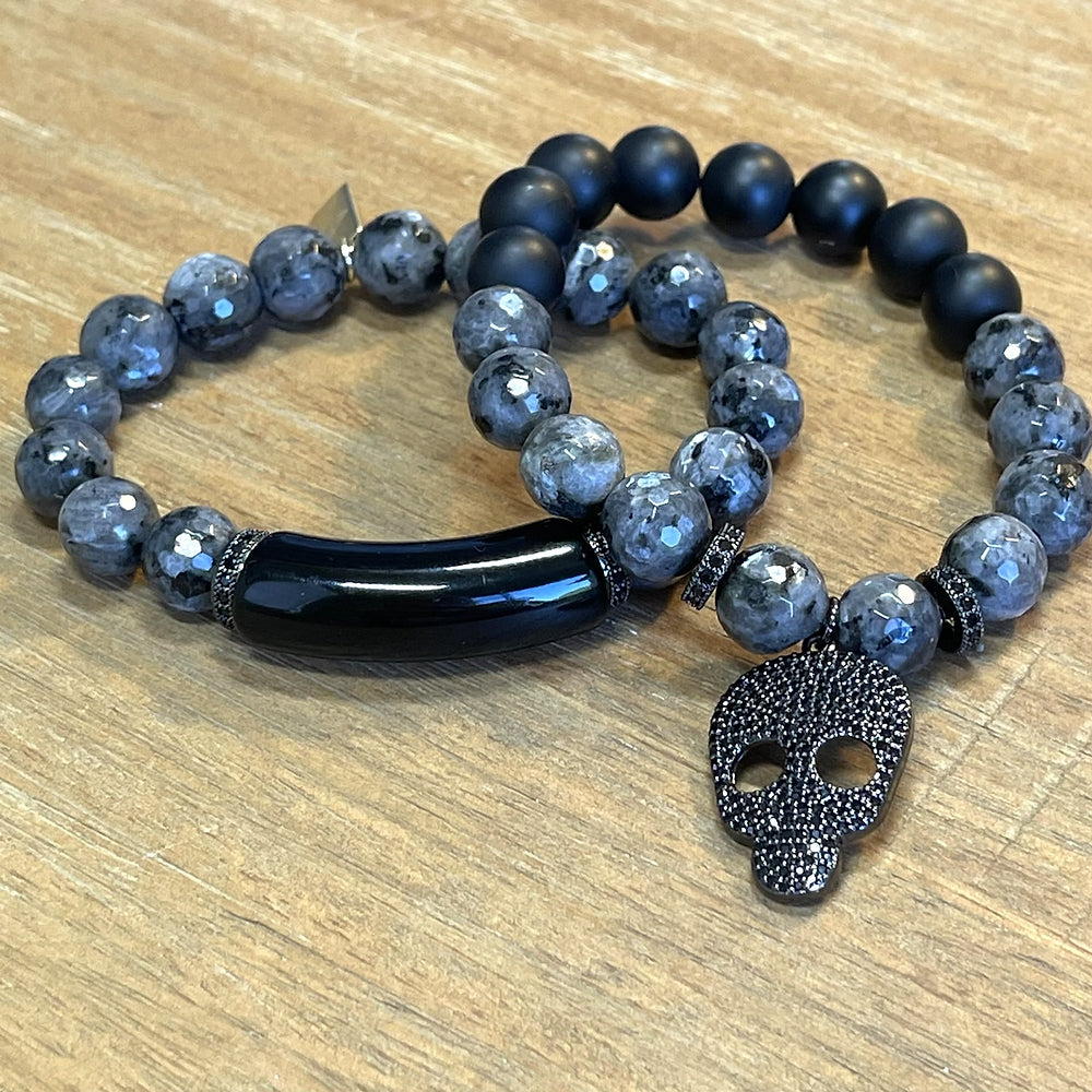 Black Skull / Larvakite bracelet set