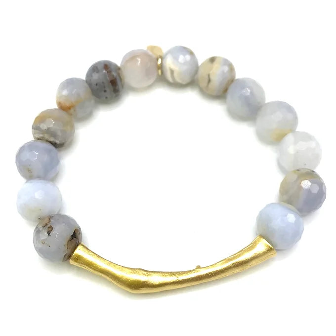 Gold Gucci Inspired Bar Bracelet - Natural Blue Lace Agate