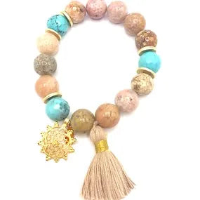 New Ocean Jasper Bracelet with 22KT Medallion Charm and Sand Tassel