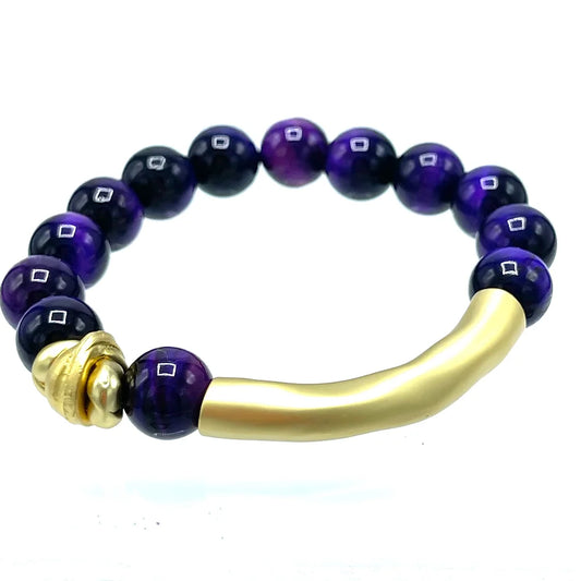 Brushed gold big bar- Deep Purple Cateye semiprecious stones