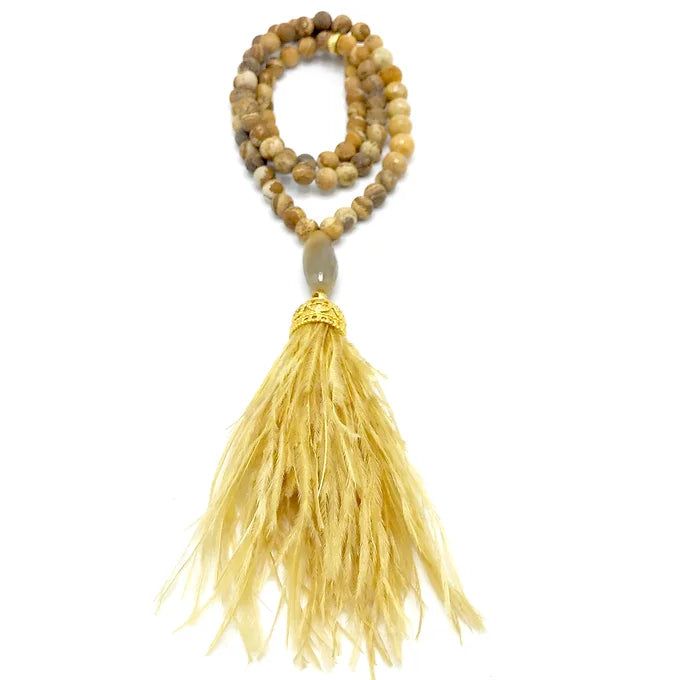 Matte Sand Jasper Repurposed Gold Ostrich Necklace