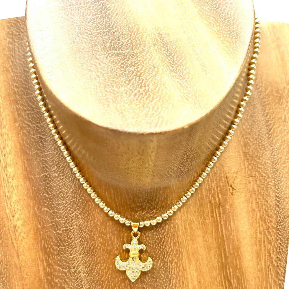 GF bead ball necklace with CZ Fleur De Lis pendant