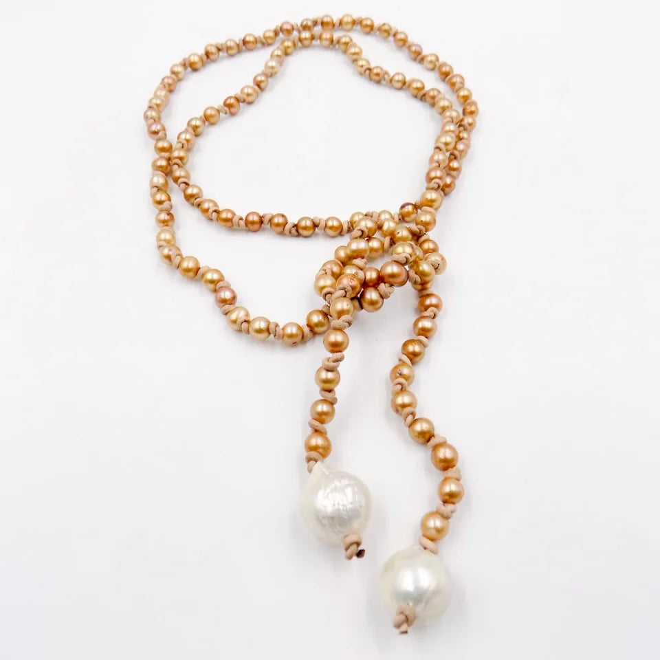 Freshwater and Barouque Pearls with Leather Lariat Necklace