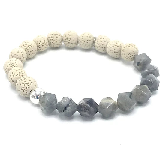 Men’s Hexagon Labradorite/ Natural Lava Stone / Sterling Silver