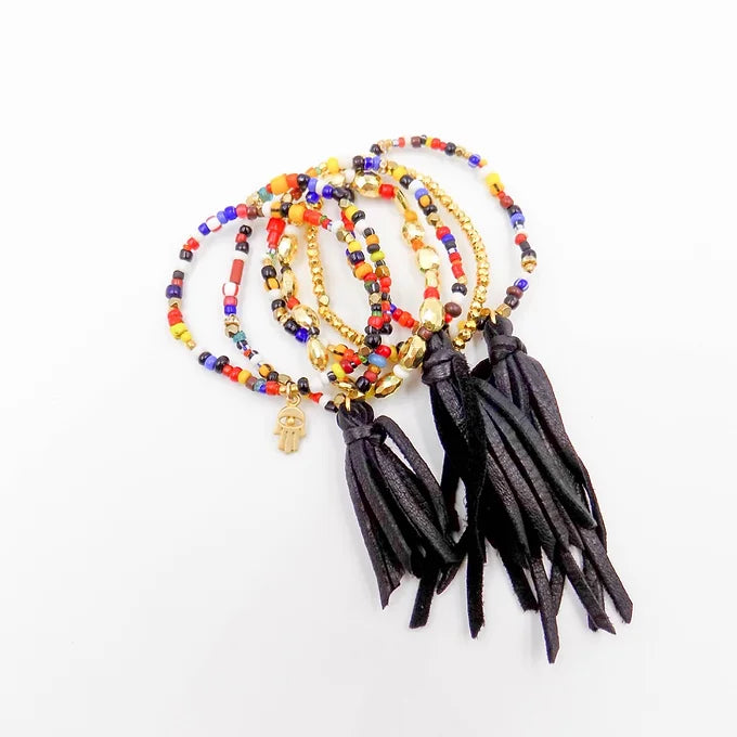 Six Bracelet Stack with Black Deerskin Leather Tassel