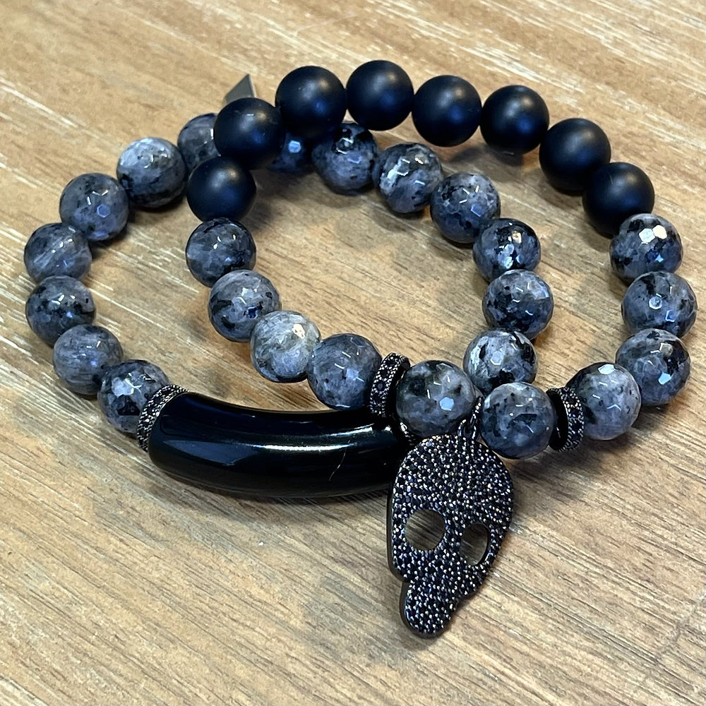 Black Skull / Larvakite bracelet set