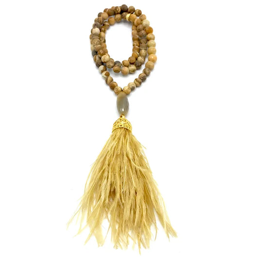 Matte Sand Jasper Repurposed Gold Ostrich Necklace