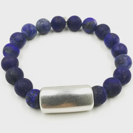 Men's Matte Lapis With Silver Bar Bracelet