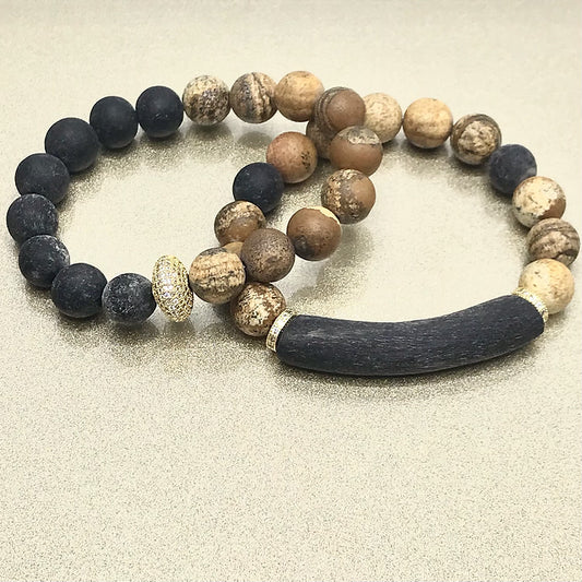 Buffalo Horn / Matte Sand Jasper Bracelet Set