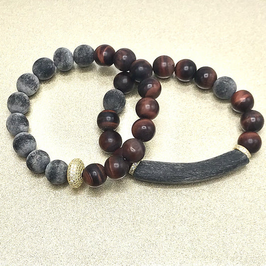 Buffalo Horn / Matte Red Tigers eye Beaded bracelet set