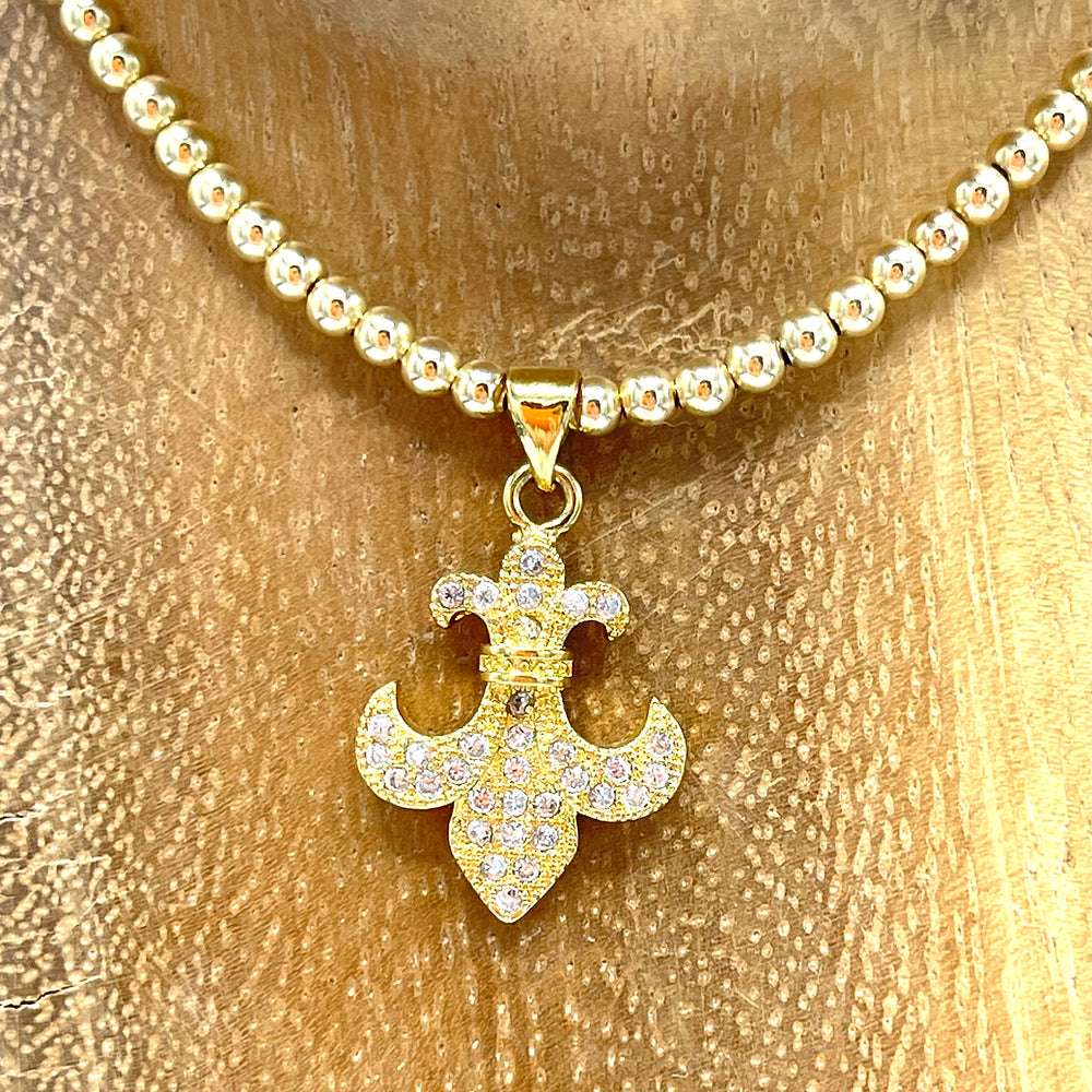 GF bead ball necklace with CZ Fleur De Lis pendant