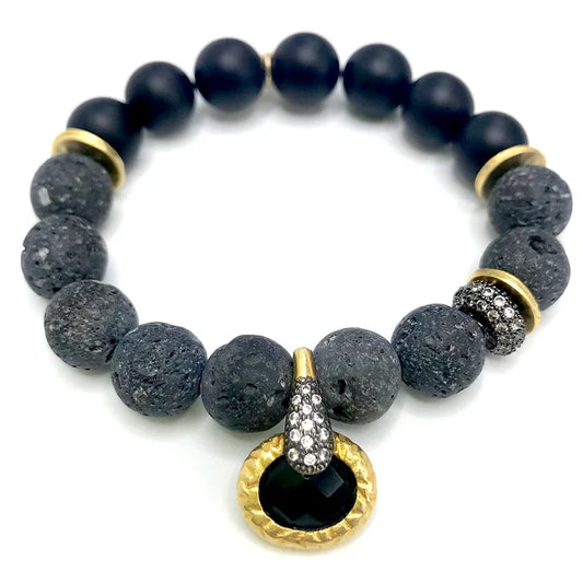 Lava stone and Onyx Bracelet with oxidized silver and gold accents