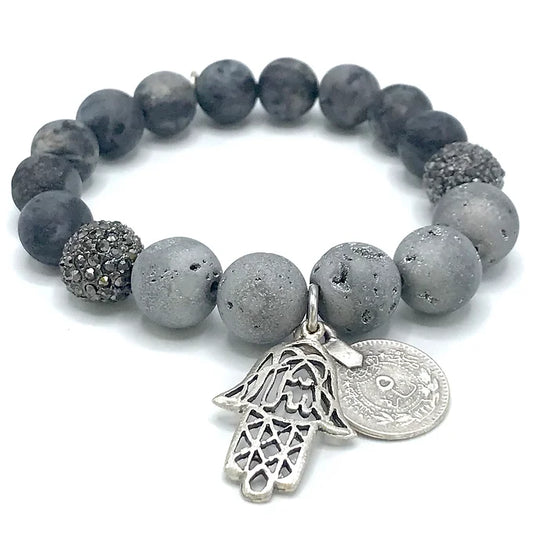 Silver Druzy Antique Silver Hamsa and coin Pendant