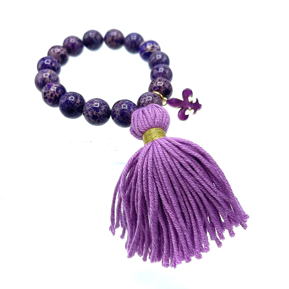 Purple Jasper tassel bracelet with FleurDeLis