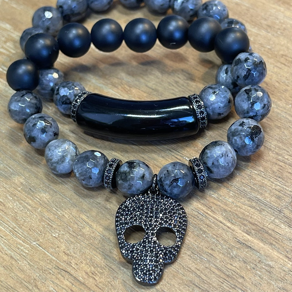 Black Skull / Larvakite bracelet set