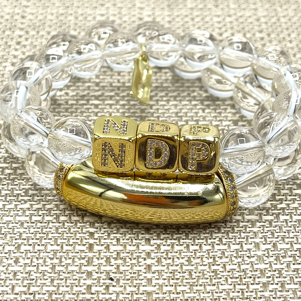 Crystal Quartz w/ gold enamel Bar and NDP bracelet set