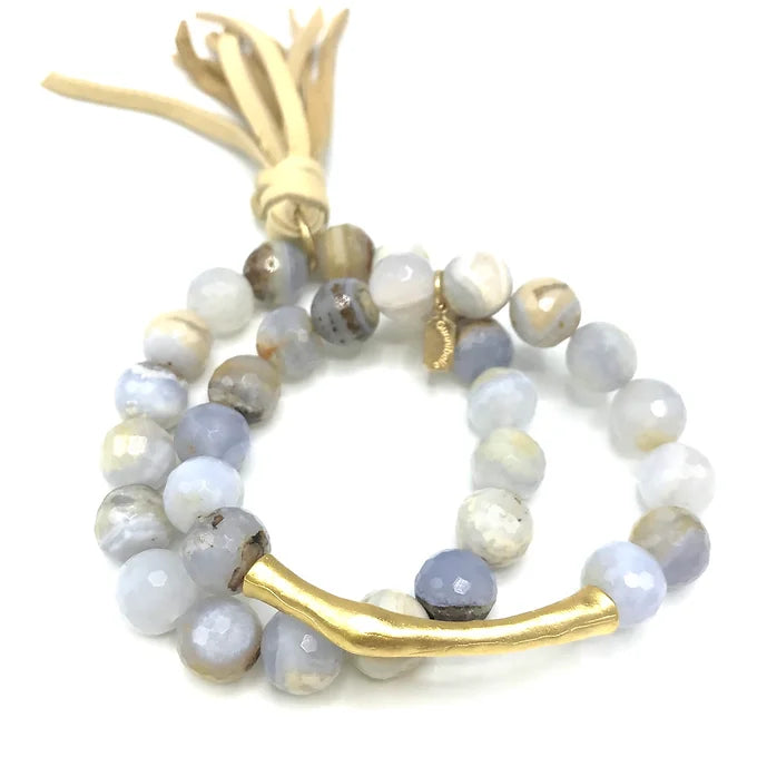 Gold Gucci Inspired Bar Bracelet - Natural Blue Lace Agate