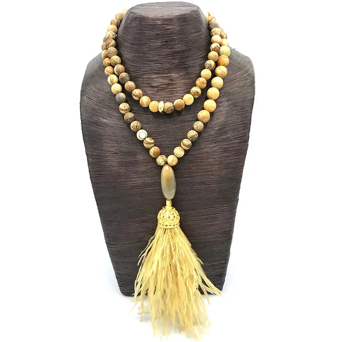 Matte Sand Jasper Repurposed Gold Ostrich Necklace