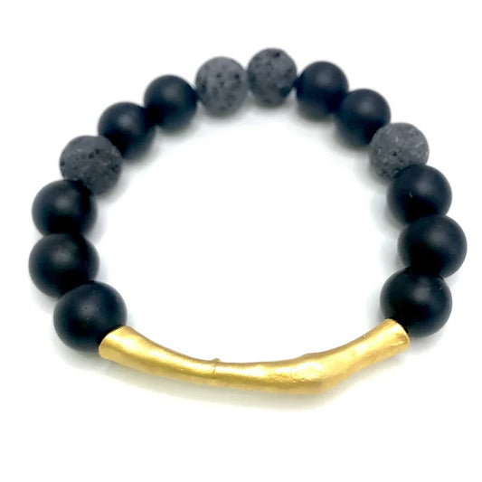 Gold GG Bar Bracelet - Onyx and Lava Stone