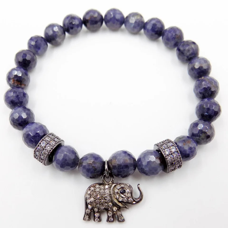 Sapphire Stretch Bracelet with Diamond Elephant Pendant and Sapphire Eye Accent