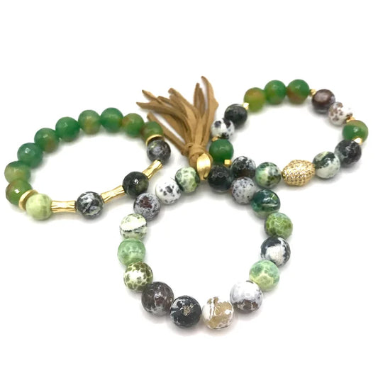 Emerald Fire Agate Bracelet Set