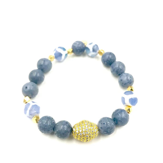 Blue Coral beaded bracelet(sustainably sources) with scrolled agate