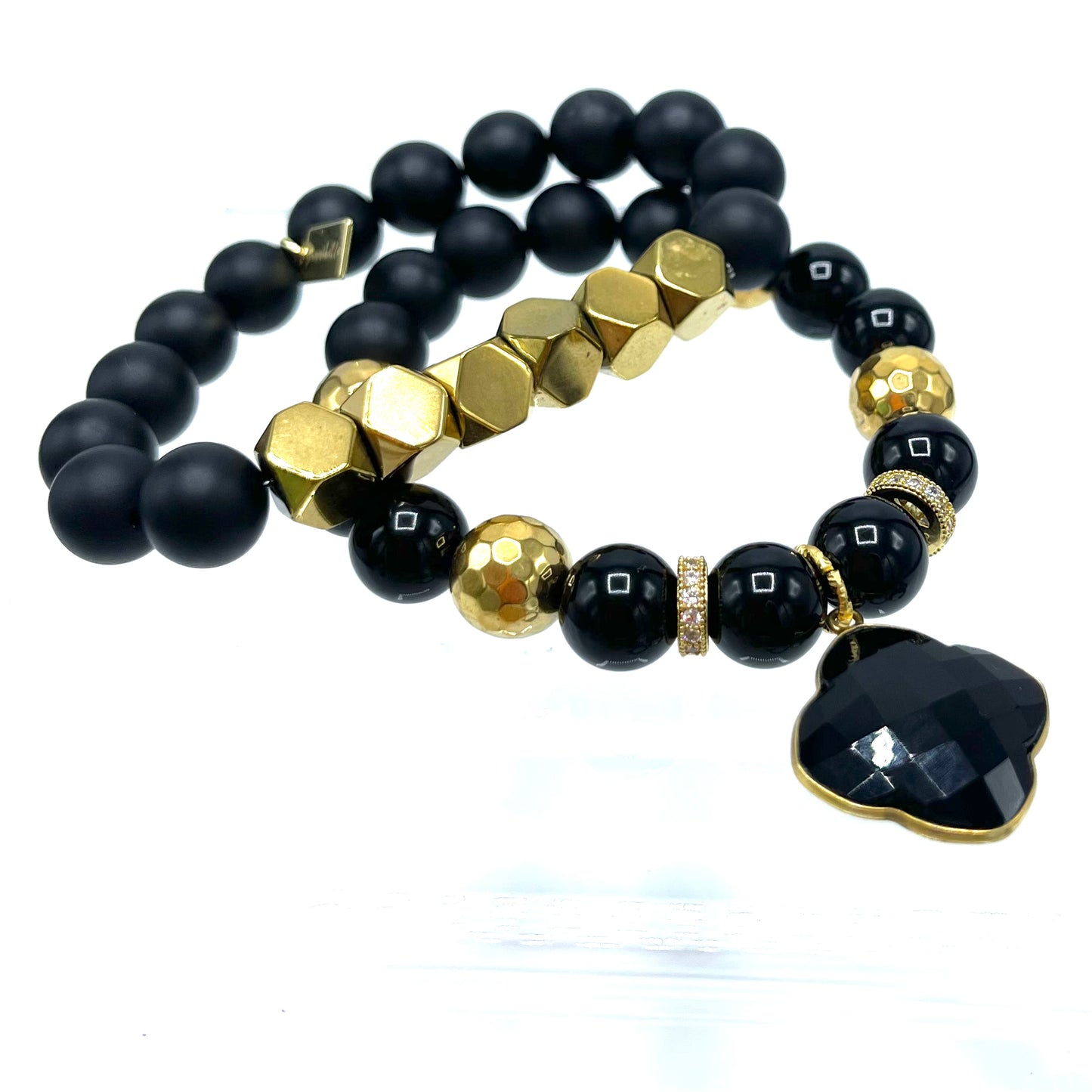 Black Onyx clover and Hexagon bracelet set